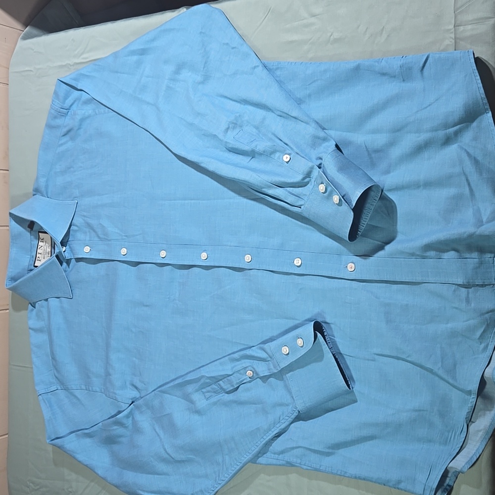 Thomas Pink Long Sleeve Dress Shirt Mens Size 17 Slim Fit Blue Solid